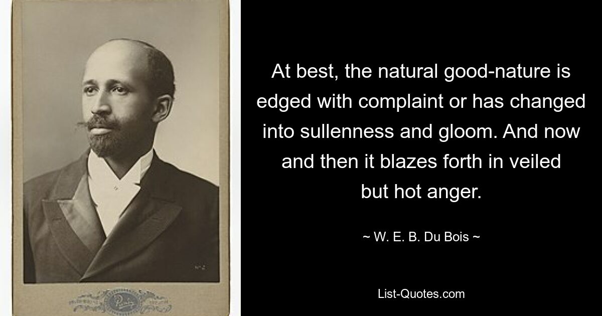 At best, the natural good-nature is edged with complaint or has changed into sullenness and gloom. And now and then it blazes forth in veiled but hot anger. — © W. E. B. Du Bois