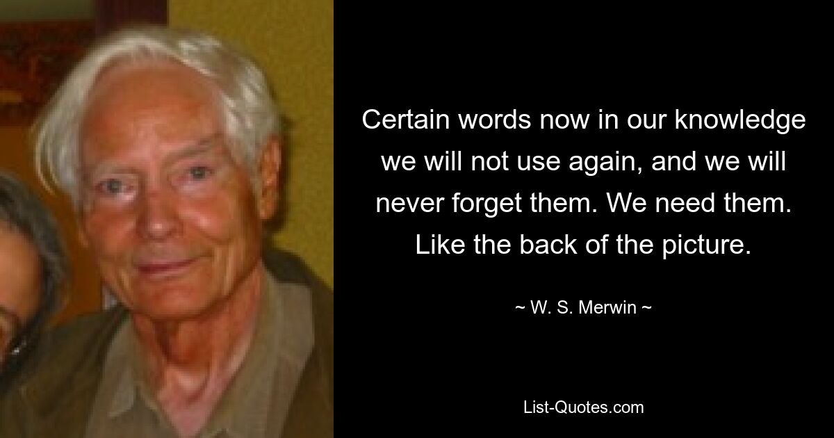 Certain words now in our knowledge we will not use again, and we will never forget them. We need them. Like the back of the picture. — © W. S. Merwin