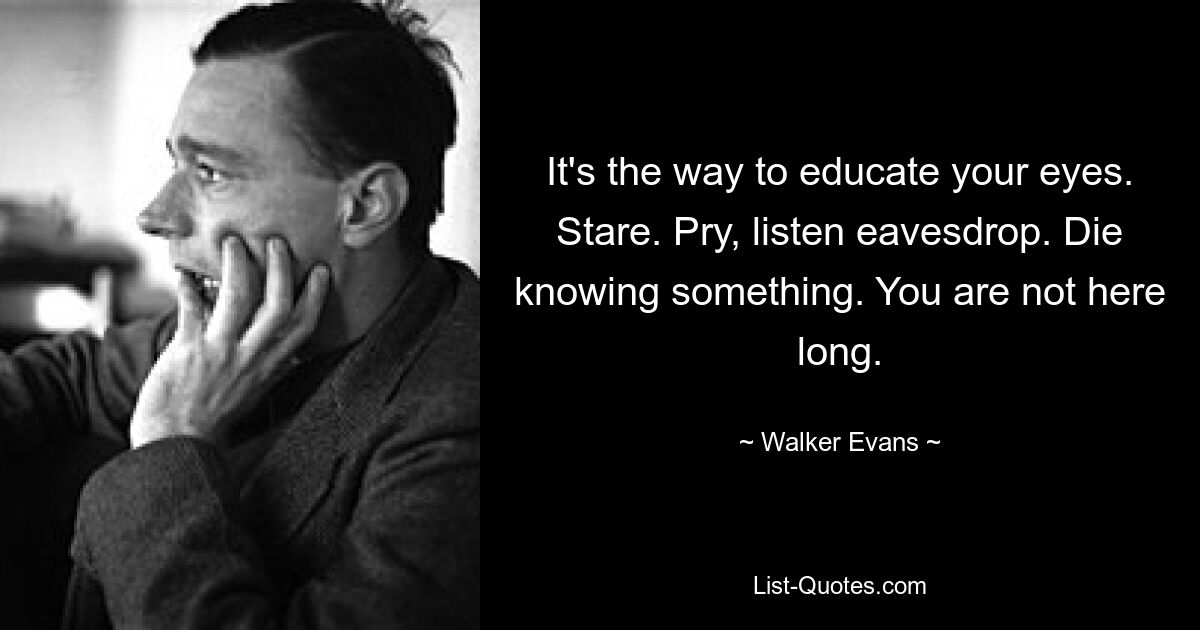 It's the way to educate your eyes. Stare. Pry, listen eavesdrop. Die knowing something. You are not here long. — © Walker Evans