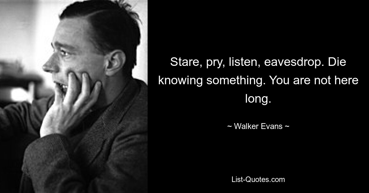 Stare, pry, listen, eavesdrop. Die knowing something. You are not here long. — © Walker Evans