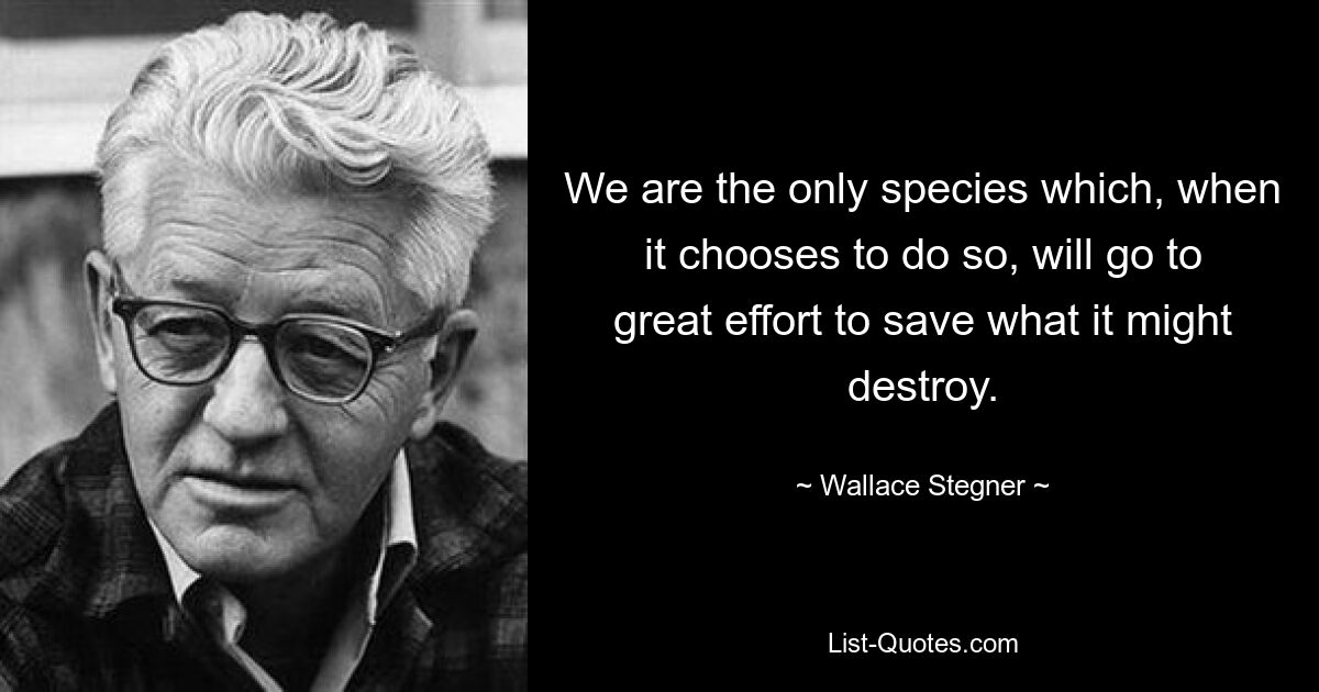 We are the only species which, when it chooses to do so, will go to great effort to save what it might destroy. — © Wallace Stegner