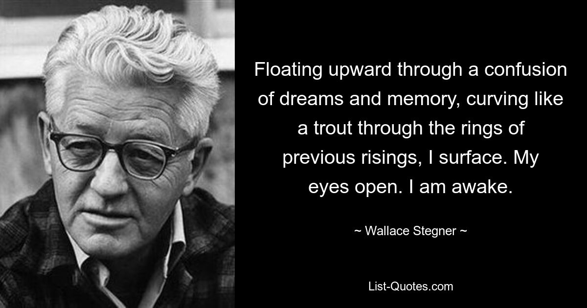 Ich schwebe durch ein Durcheinander von Träumen und Erinnerungen nach oben, kurve wie eine Forelle durch die Ringe früherer Aufstände und tauche auf. Meine Augen öffnen sich. Ich bin wach. — © Wallace Stegner 