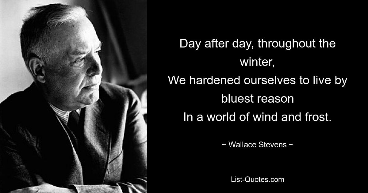 Day after day, throughout the winter,
We hardened ourselves to live by bluest reason
In a world of wind and frost. — © Wallace Stevens