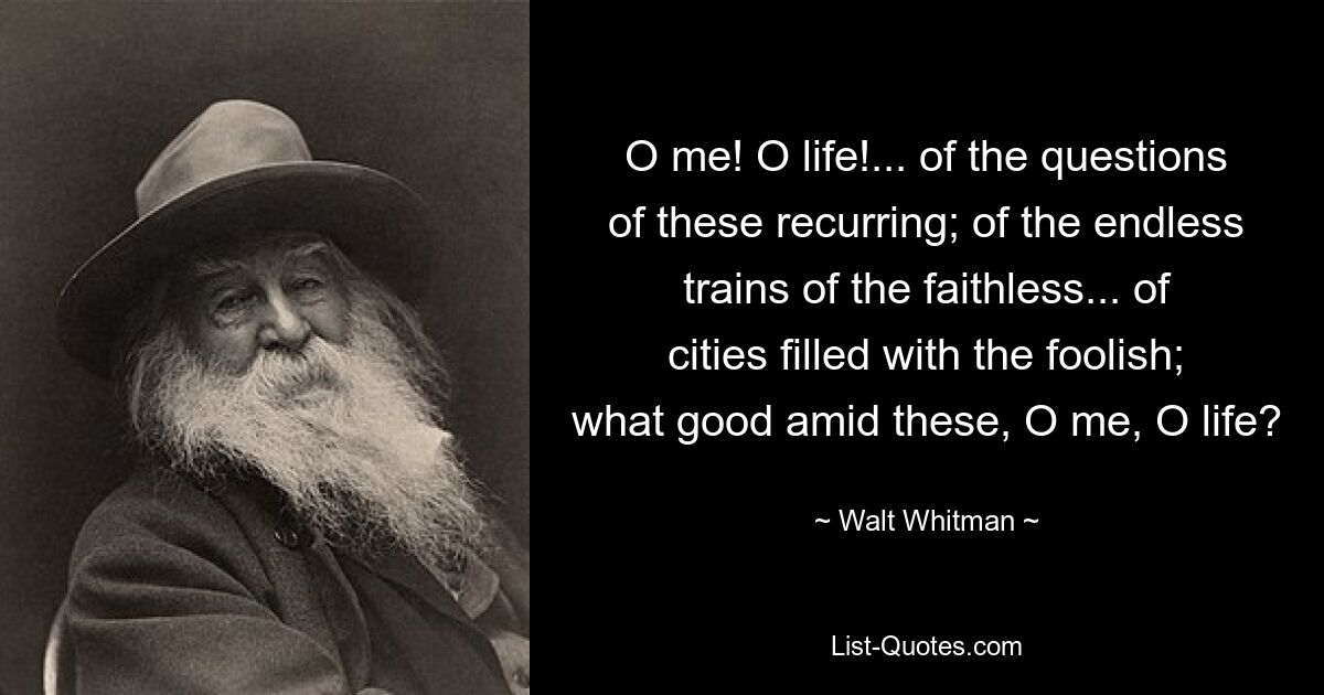 O me! O life!... of the questions of these recurring; of the endless trains of the faithless... of cities filled with the foolish; what good amid these, O me, O life? — © Walt Whitman