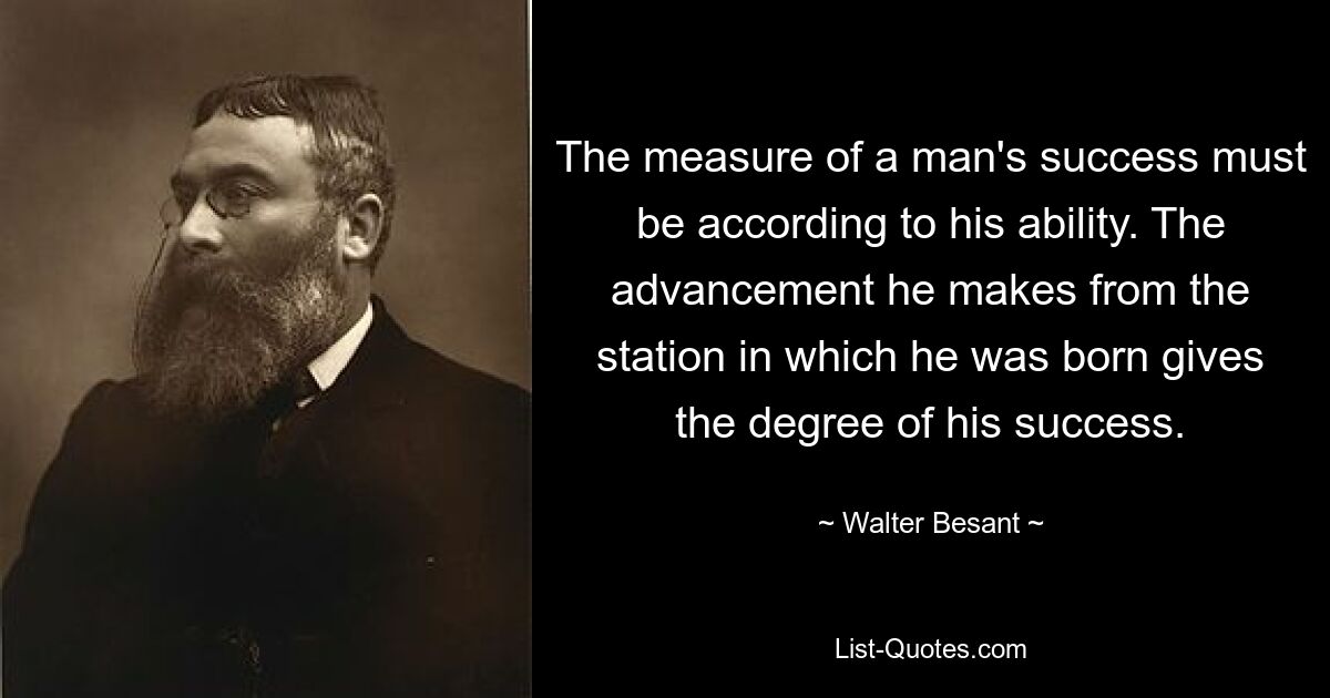 The measure of a man's success must be according to his ability. The advancement he makes from the station in which he was born gives the degree of his success. — © Walter Besant