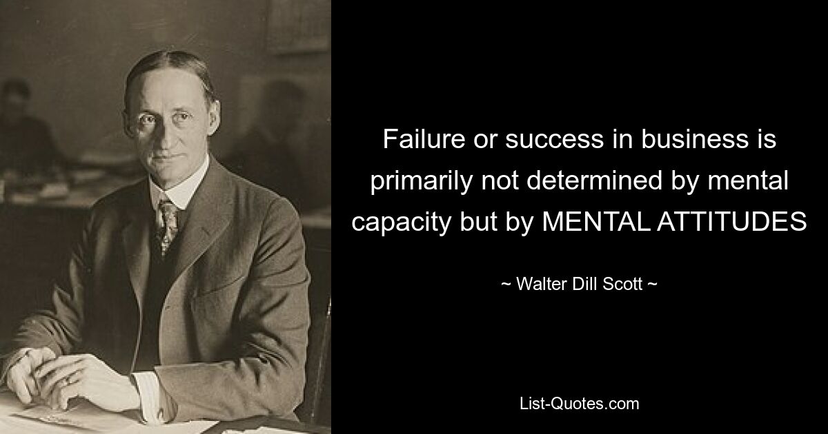 Failure or success in business is primarily not determined by mental capacity but by MENTAL ATTITUDES — © Walter Dill Scott