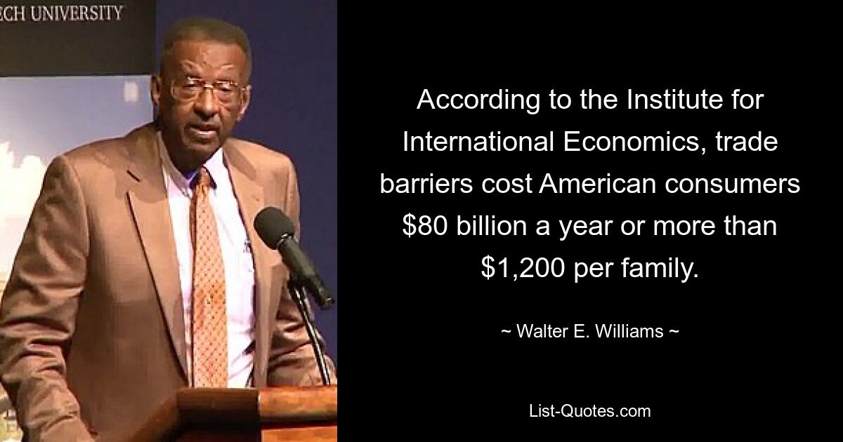 According to the Institute for International Economics, trade barriers cost American consumers $80 billion a year or more than $1,200 per family. — © Walter E. Williams