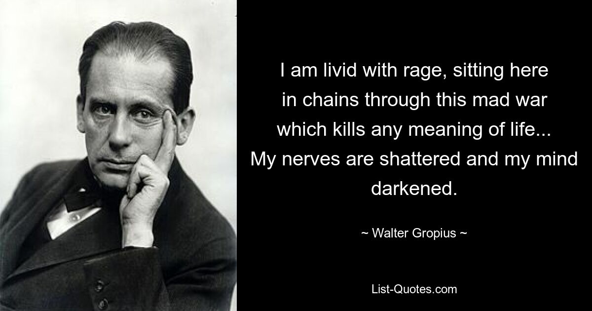 I am livid with rage, sitting here in chains through this mad war which kills any meaning of life... My nerves are shattered and my mind darkened. — © Walter Gropius