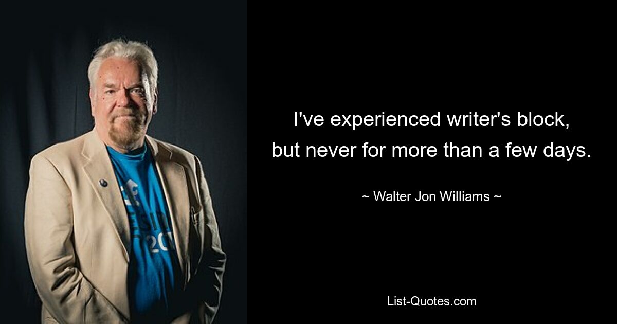 I've experienced writer's block, but never for more than a few days. — © Walter Jon Williams