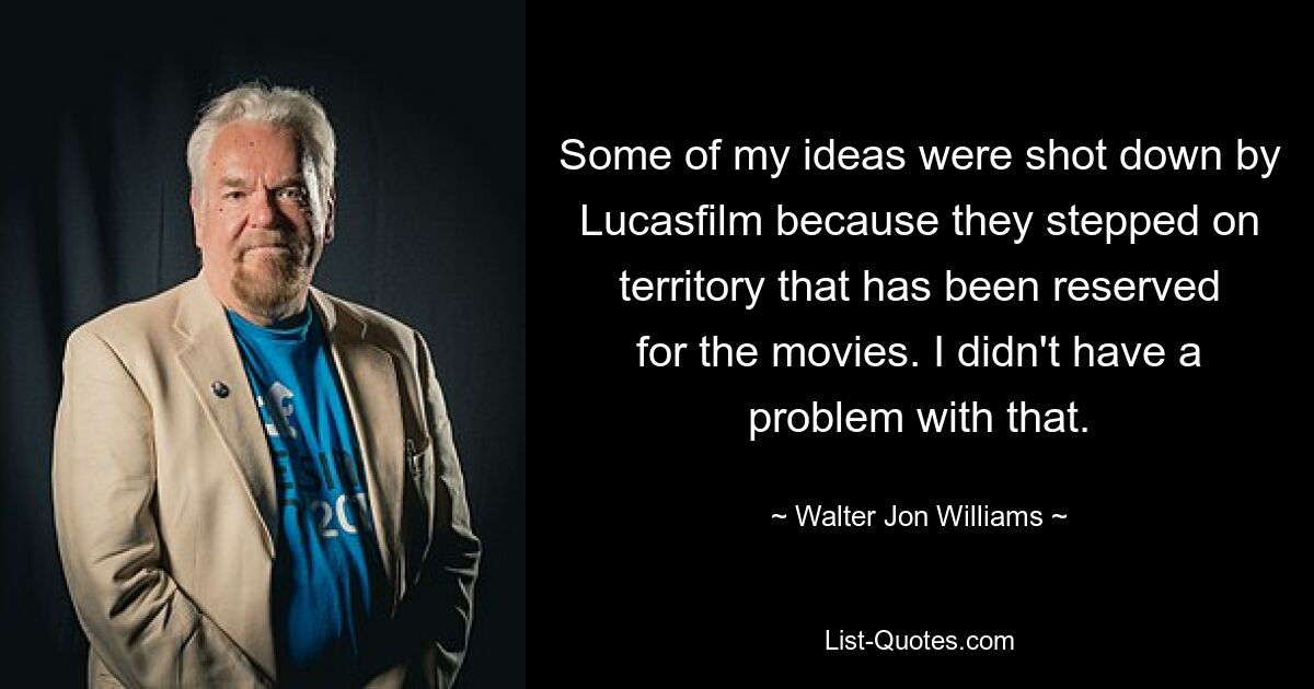 Some of my ideas were shot down by Lucasfilm because they stepped on territory that has been reserved for the movies. I didn't have a problem with that. — © Walter Jon Williams