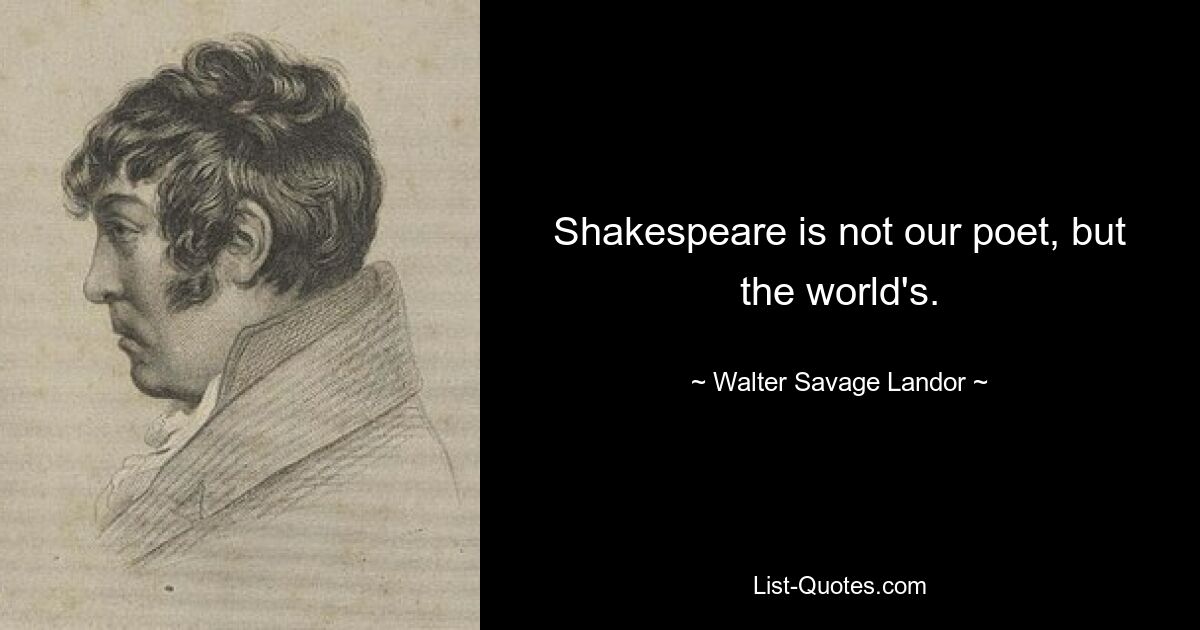 Shakespeare is not our poet, but the world's. — © Walter Savage Landor