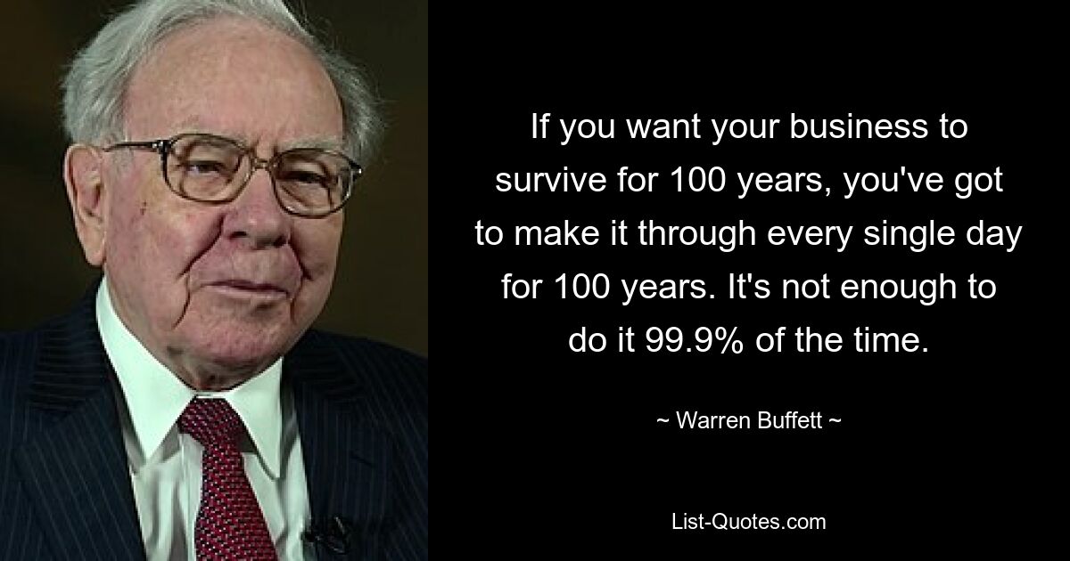 If you want your business to survive for 100 years, you've got to make it through every single day for 100 years. It's not enough to do it 99.9% of the time. — © Warren Buffett