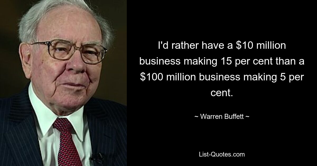 I'd rather have a $10 million business making 15 per cent than a $100 million business making 5 per cent. — © Warren Buffett