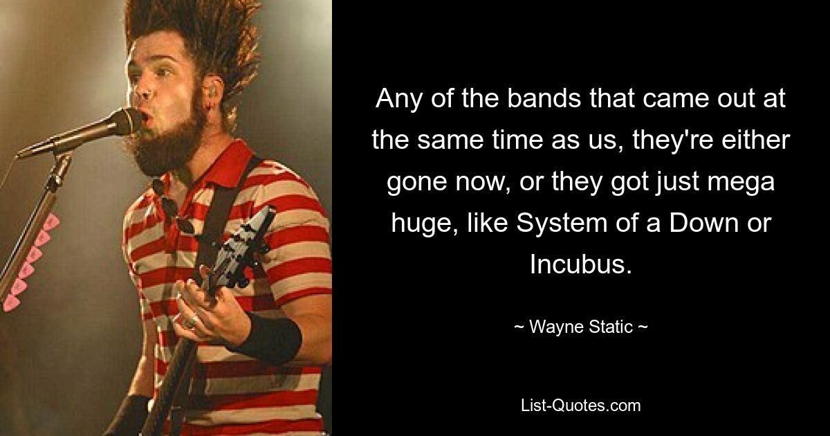 Any of the bands that came out at the same time as us, they're either gone now, or they got just mega huge, like System of a Down or Incubus. — © Wayne Static