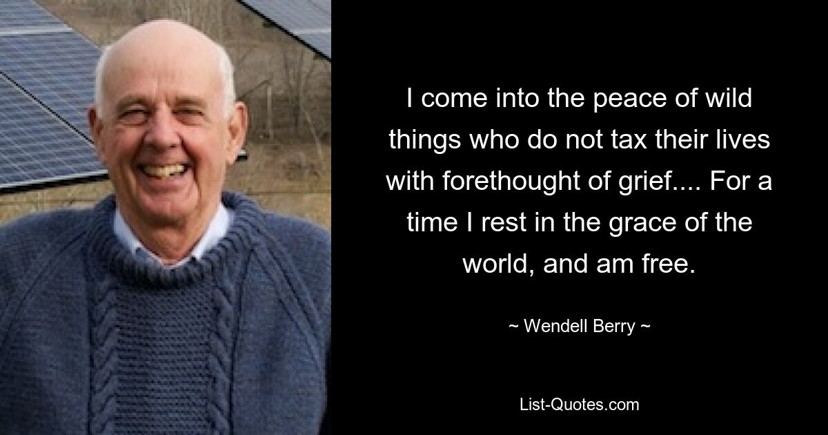 I come into the peace of wild things who do not tax their lives with forethought of grief.... For a time I rest in the grace of the world, and am free. — © Wendell Berry