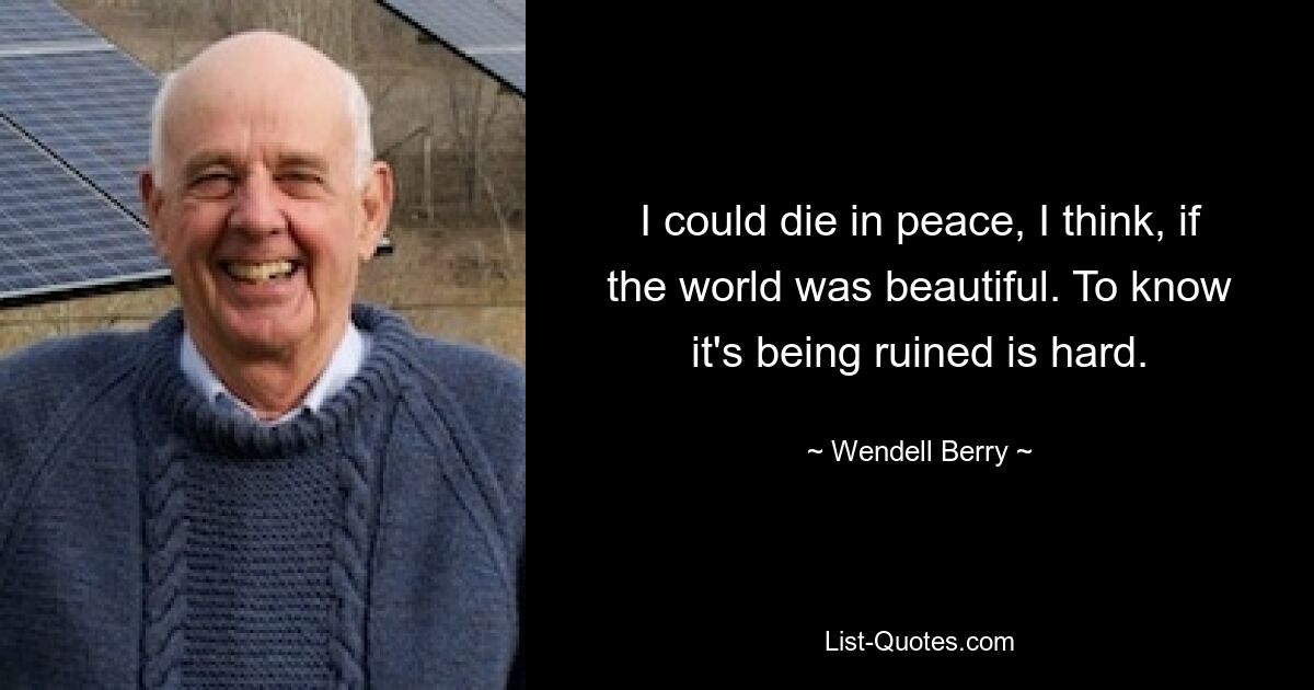 I could die in peace, I think, if the world was beautiful. To know it's being ruined is hard. — © Wendell Berry