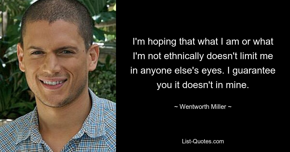 I'm hoping that what I am or what I'm not ethnically doesn't limit me in anyone else's eyes. I guarantee you it doesn't in mine. — © Wentworth Miller