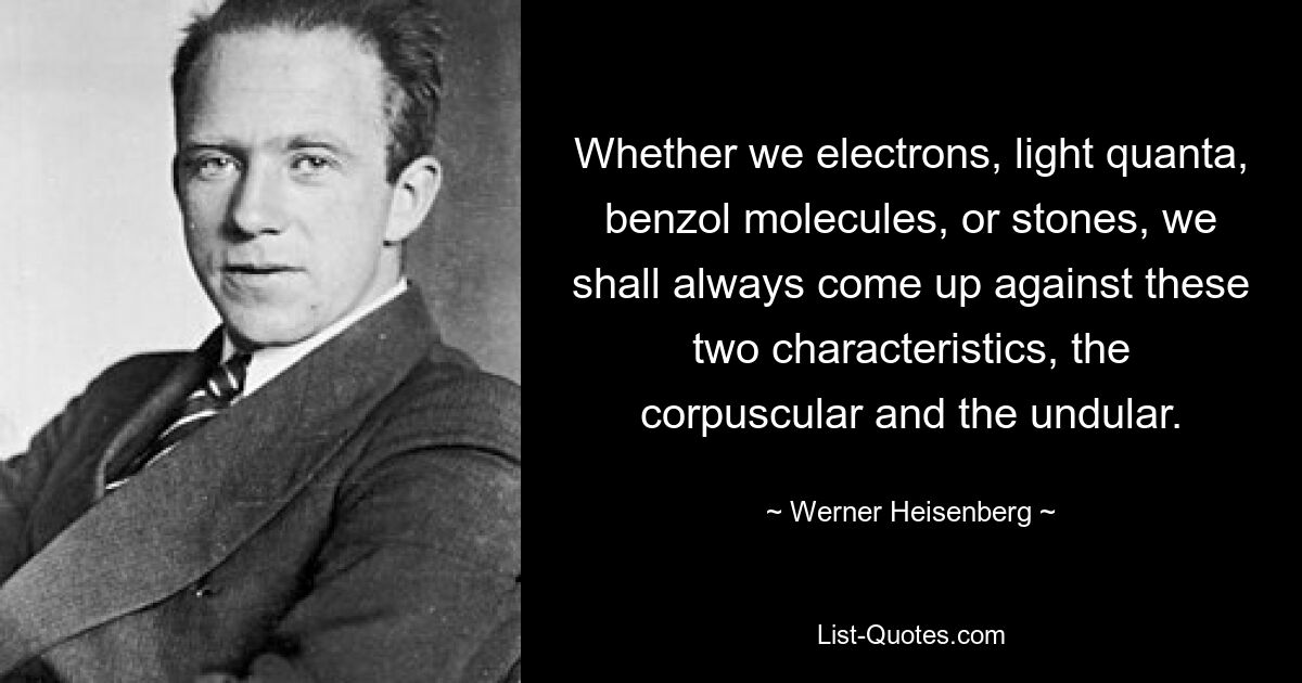 Whether we electrons, light quanta, benzol molecules, or stones, we shall always come up against these two characteristics, the corpuscular and the undular. — © Werner Heisenberg