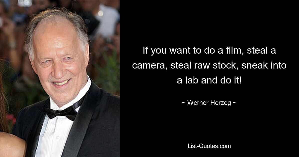 If you want to do a film, steal a camera, steal raw stock, sneak into a lab and do it! — © Werner Herzog