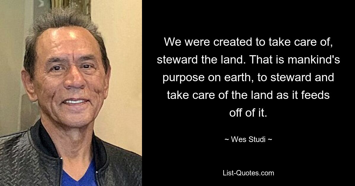 We were created to take care of, steward the land. That is mankind's purpose on earth, to steward and take care of the land as it feeds off of it. — © Wes Studi