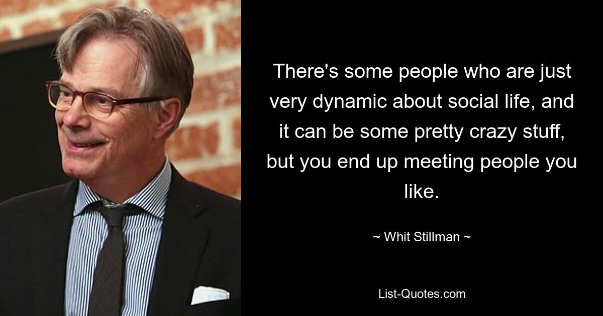 There's some people who are just very dynamic about social life, and it can be some pretty crazy stuff, but you end up meeting people you like. — © Whit Stillman