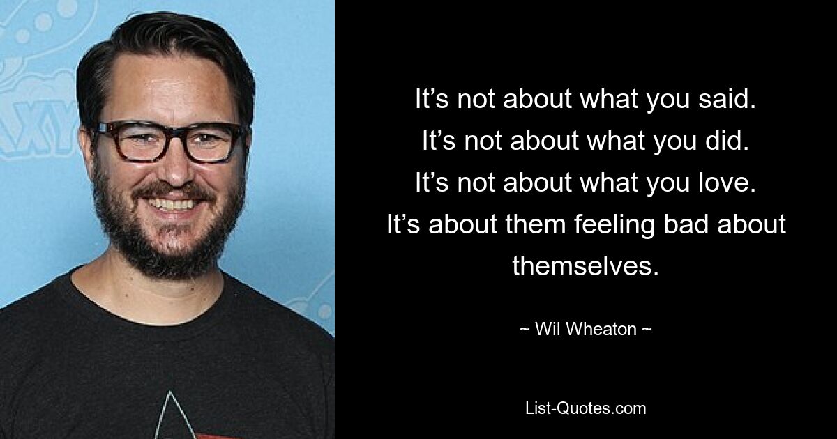 It’s not about what you said. It’s not about what you did. It’s not about what you love. It’s about them feeling bad about themselves. — © Wil Wheaton