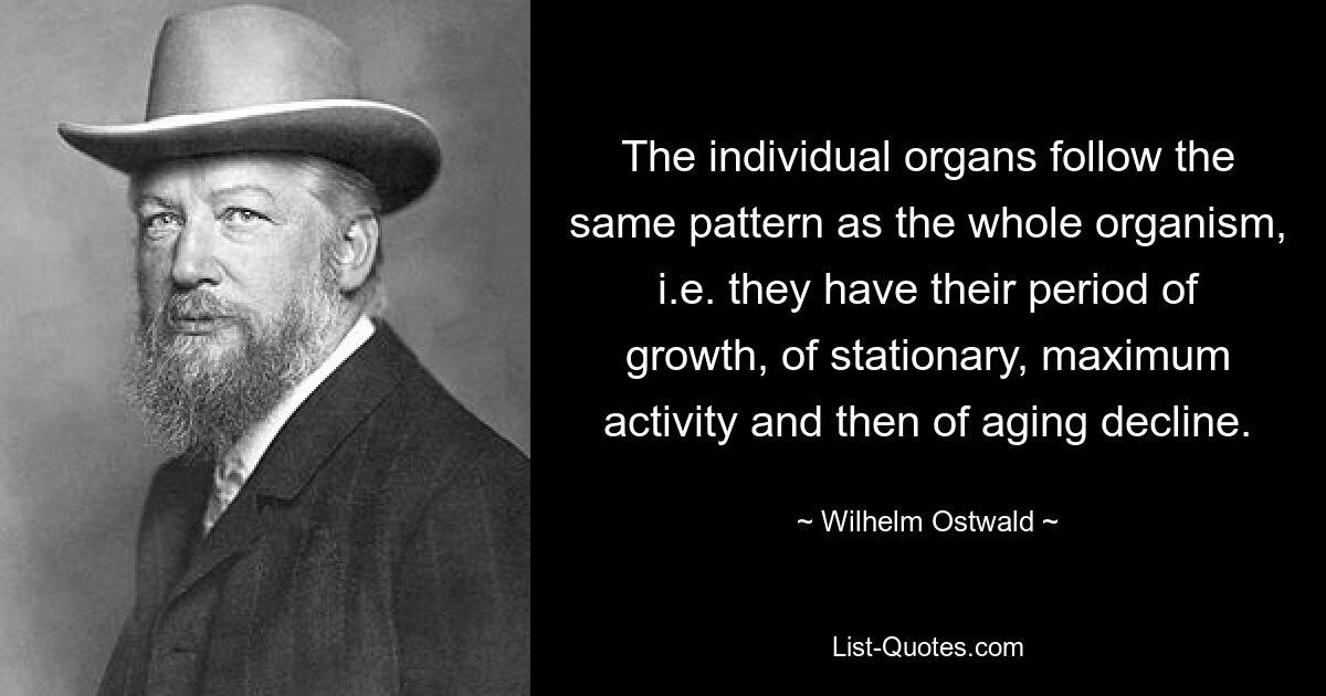 The individual organs follow the same pattern as the whole organism, i.e. they have their period of growth, of stationary, maximum activity and then of aging decline. — © Wilhelm Ostwald