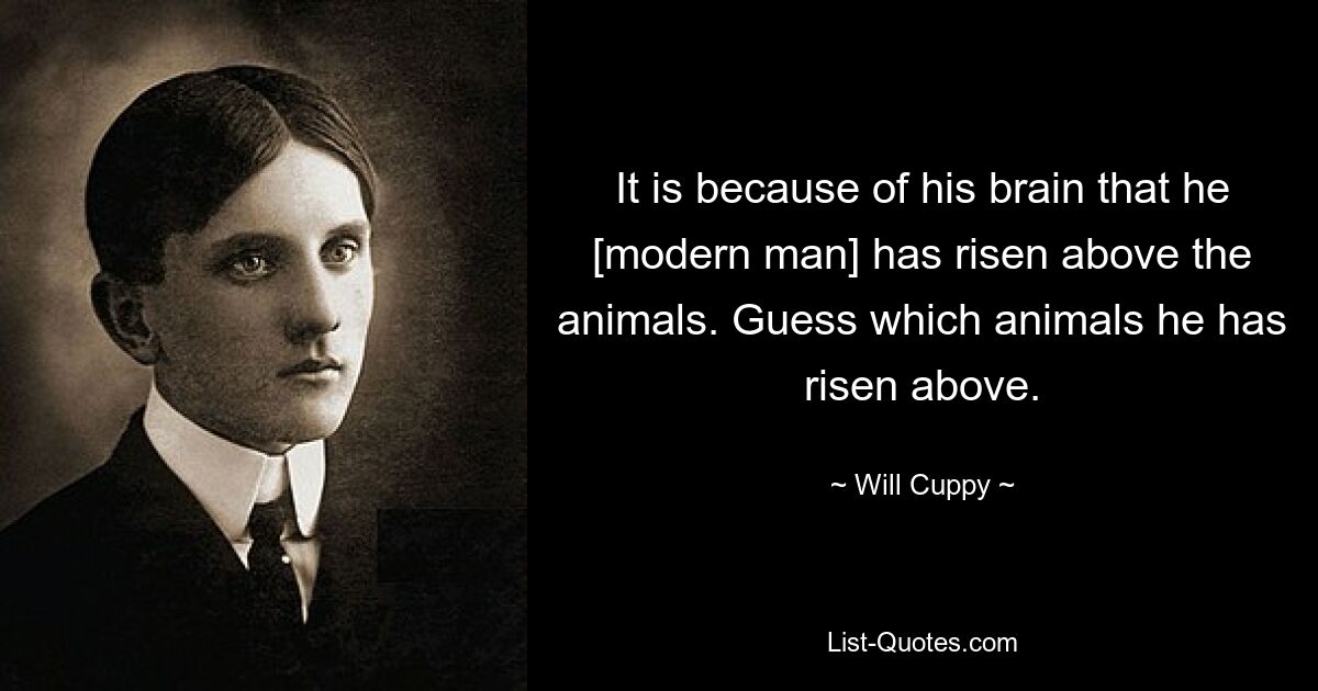 It is because of his brain that he [modern man] has risen above the animals. Guess which animals he has risen above. — © Will Cuppy