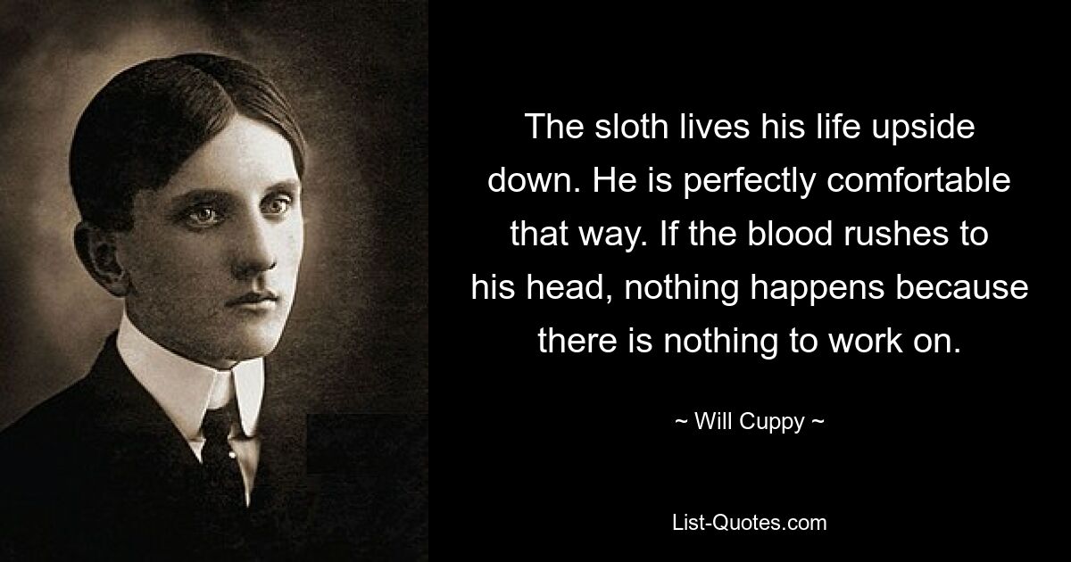 The sloth lives his life upside down. He is perfectly comfortable that way. If the blood rushes to his head, nothing happens because there is nothing to work on. — © Will Cuppy