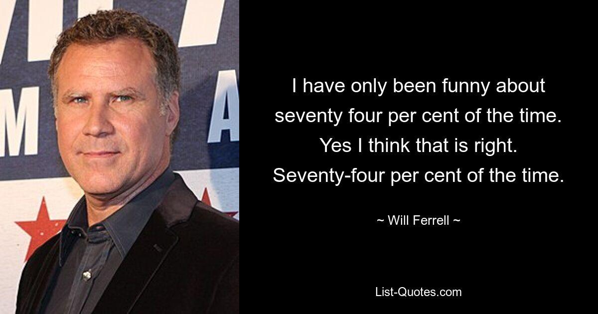 I have only been funny about seventy four per cent of the time. Yes I think that is right. Seventy-four per cent of the time. — © Will Ferrell