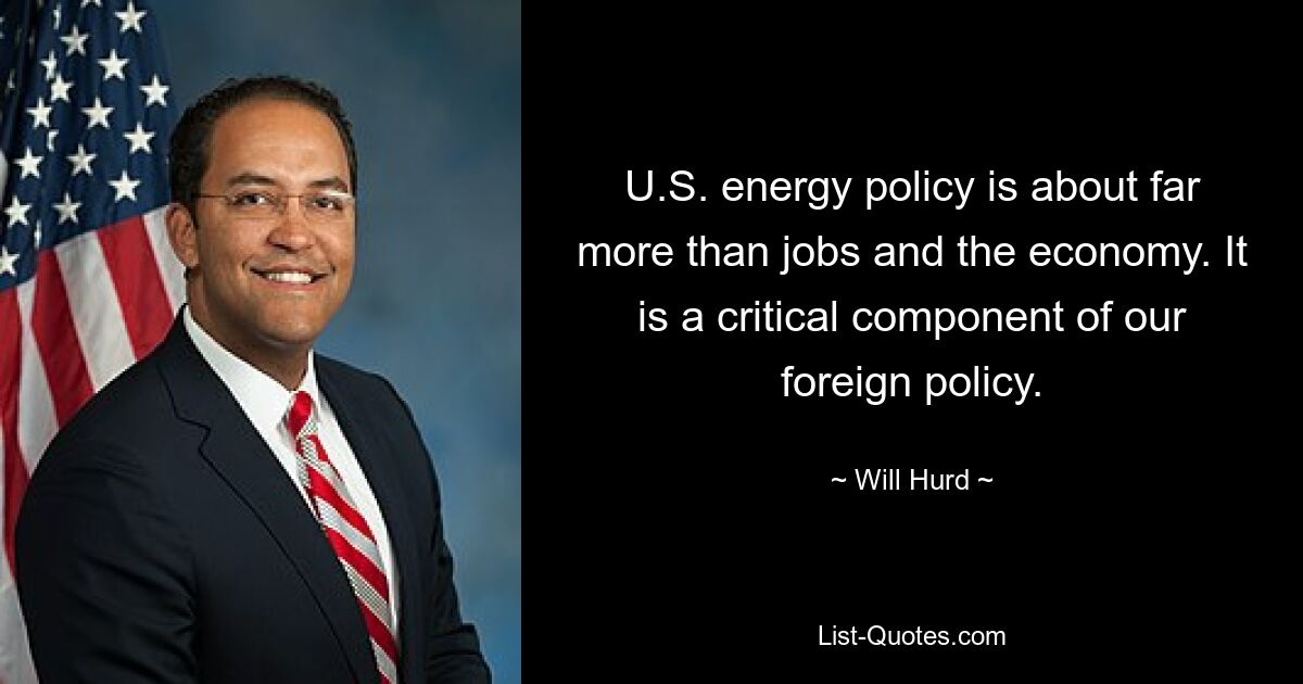 U.S. energy policy is about far more than jobs and the economy. It is a critical component of our foreign policy. — © Will Hurd