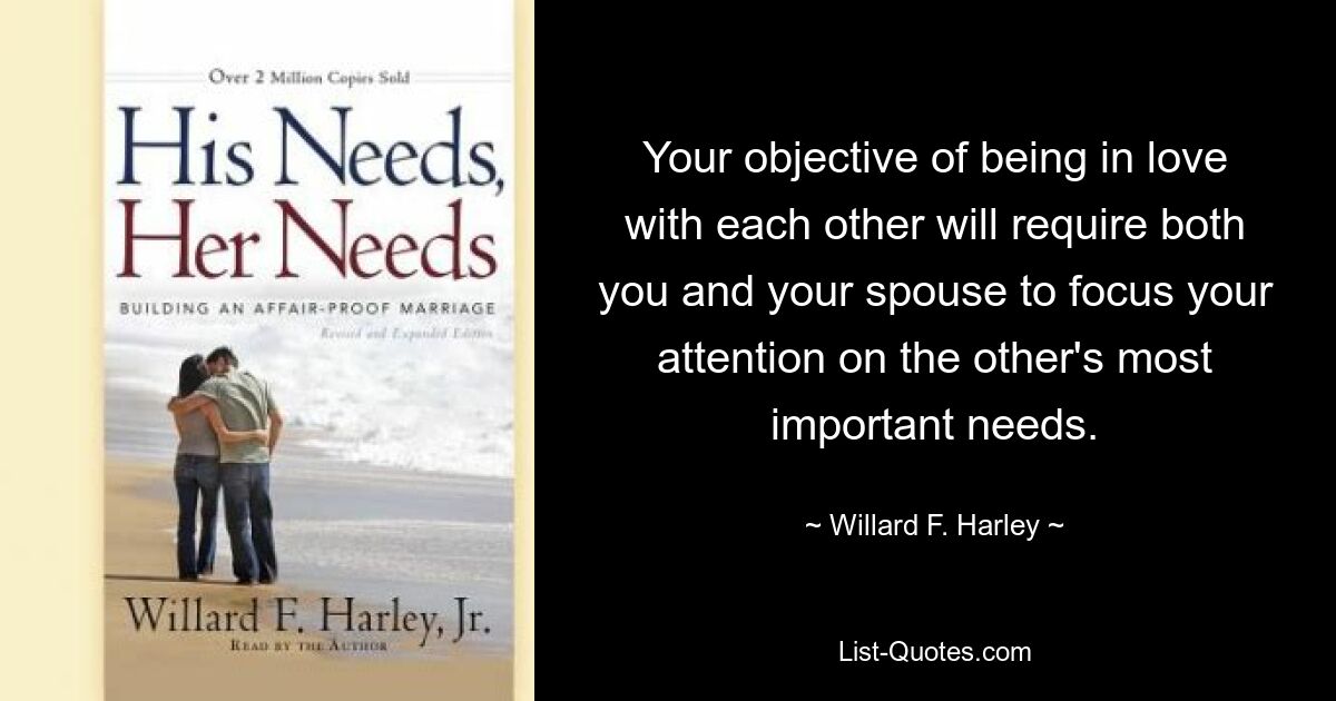 Your objective of being in love with each other will require both you and your spouse to focus your attention on the other's most important needs. — © Willard F. Harley