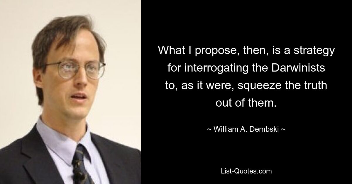 What I propose, then, is a strategy for interrogating the Darwinists to, as it were, squeeze the truth out of them. — © William A. Dembski