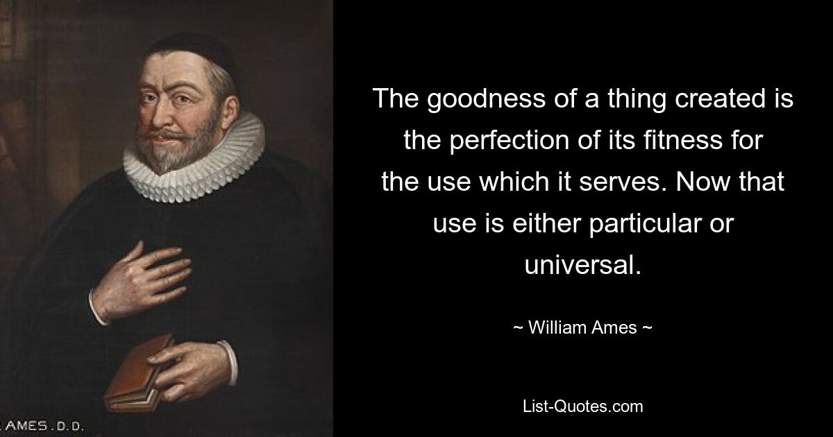 The goodness of a thing created is the perfection of its fitness for the use which it serves. Now that use is either particular or universal. — © William Ames