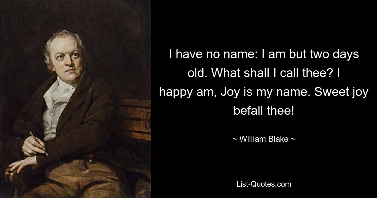 У меня нет имени: мне всего два дня от роду. Как мне называть тебя? Я счастлив, Радость мое имя. Сладкая радость постигнет тебя! — © Уильям Блейк 