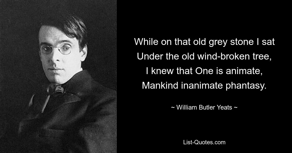 While on that old grey stone I sat
Under the old wind-broken tree,
I knew that One is animate,
Mankind inanimate phantasy. — © William Butler Yeats