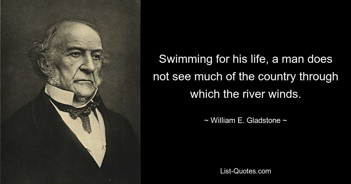 Swimming for his life, a man does not see much of the country through which the river winds. — © William E. Gladstone