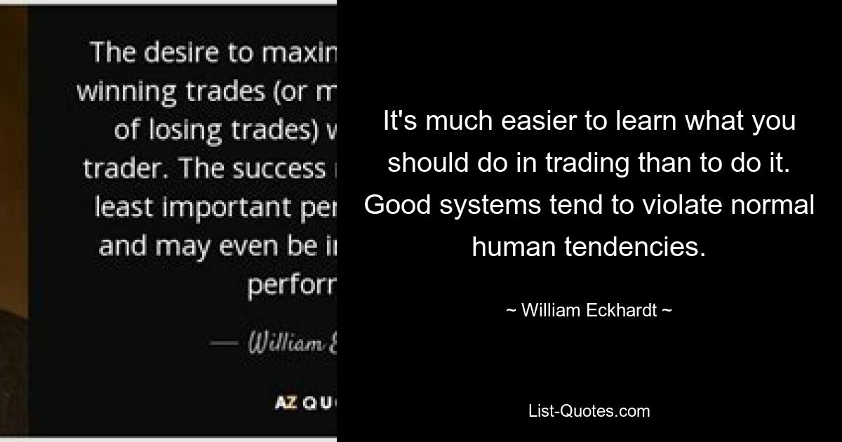 It's much easier to learn what you should do in trading than to do it. Good systems tend to violate normal human tendencies. — © William Eckhardt