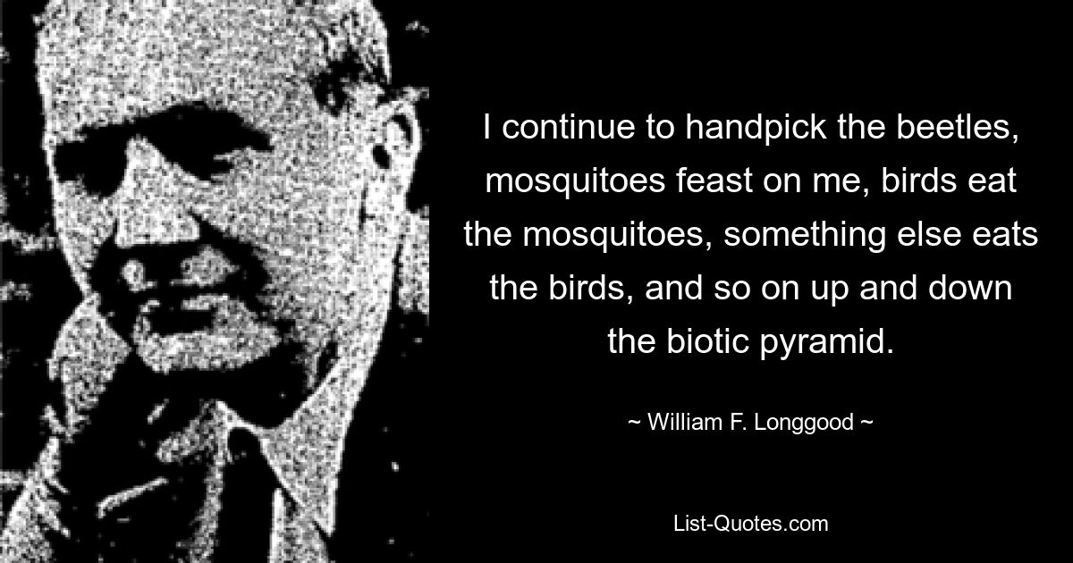 I continue to handpick the beetles, mosquitoes feast on me, birds eat the mosquitoes, something else eats the birds, and so on up and down the biotic pyramid. — © William F. Longgood