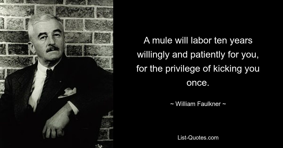 A mule will labor ten years willingly and patiently for you, for the privilege of kicking you once. — © William Faulkner