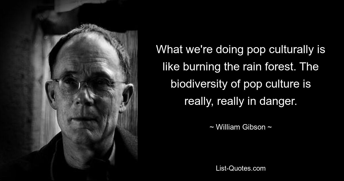 Was wir in der Popkultur machen, ist wie das Abbrennen des Regenwaldes. Die Artenvielfalt der Popkultur ist wirklich, wirklich in Gefahr. — © William Gibson