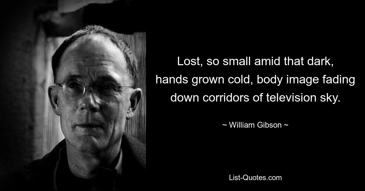 Lost, so small amid that dark, hands grown cold, body image fading down corridors of television sky. — © William Gibson