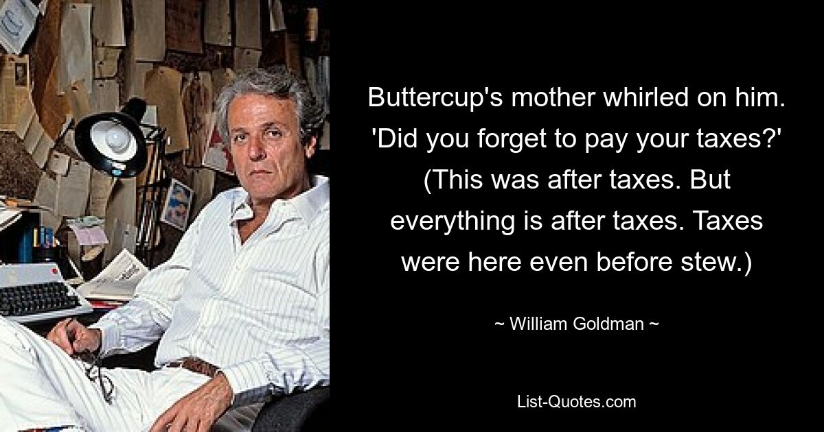 Buttercup's mother whirled on him. 'Did you forget to pay your taxes?' (This was after taxes. But everything is after taxes. Taxes were here even before stew.) — © William Goldman