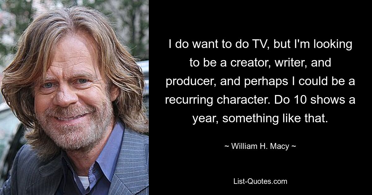 I do want to do TV, but I'm looking to be a creator, writer, and producer, and perhaps I could be a recurring character. Do 10 shows a year, something like that. — © William H. Macy