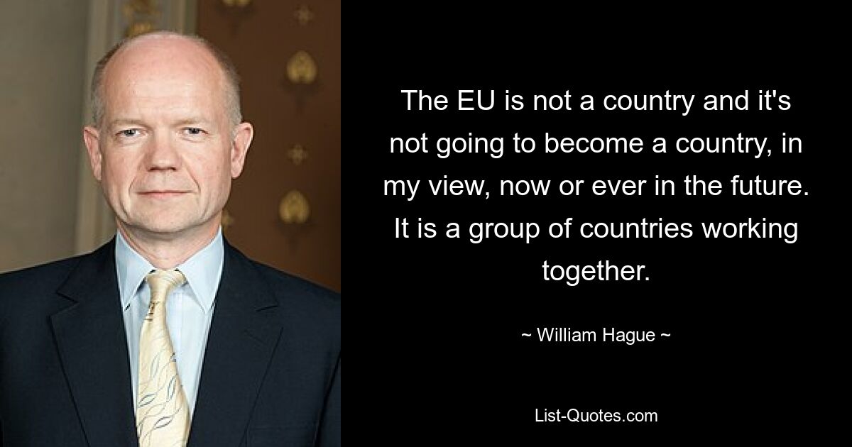 The EU is not a country and it's not going to become a country, in my view, now or ever in the future. It is a group of countries working together. — © William Hague