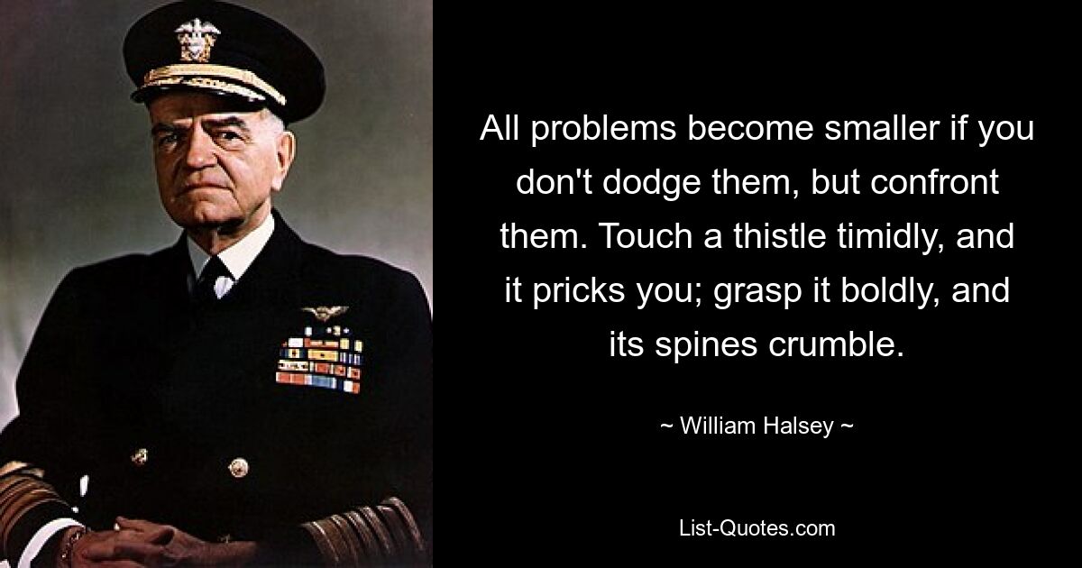 All problems become smaller if you don't dodge them, but confront them. Touch a thistle timidly, and it pricks you; grasp it boldly, and its spines crumble. — © William Halsey