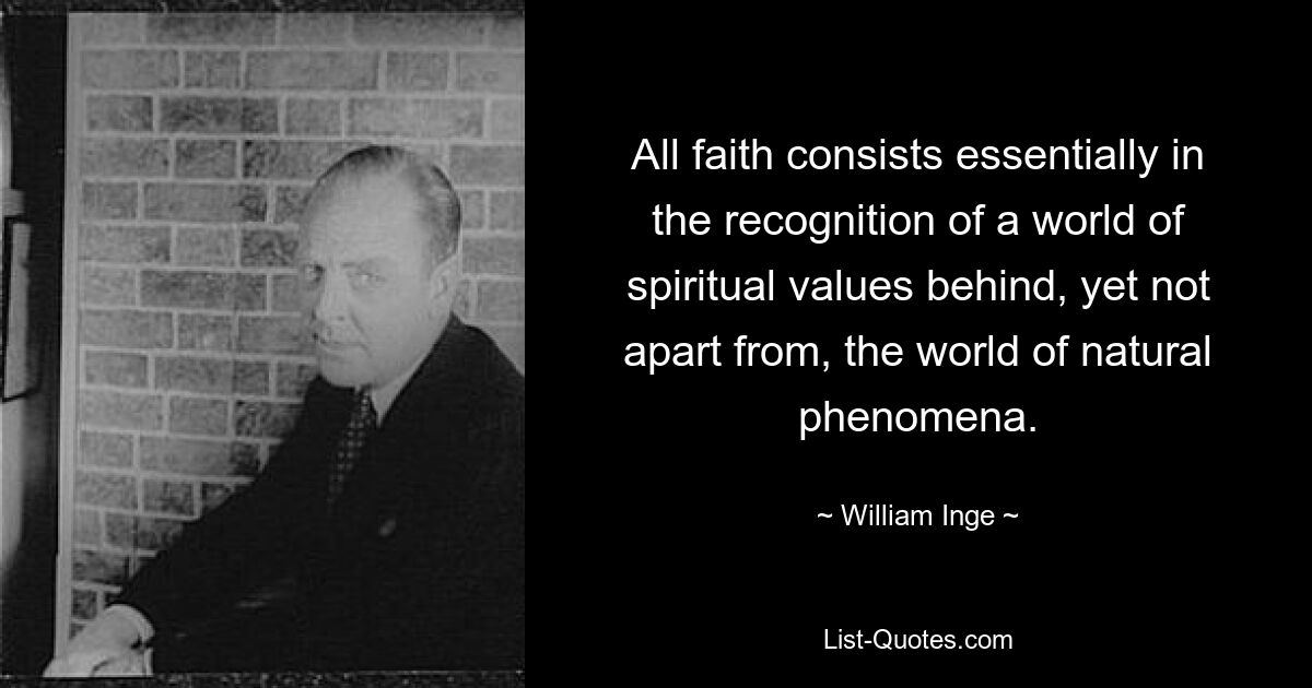 All faith consists essentially in the recognition of a world of spiritual values behind, yet not apart from, the world of natural phenomena. — © William Inge