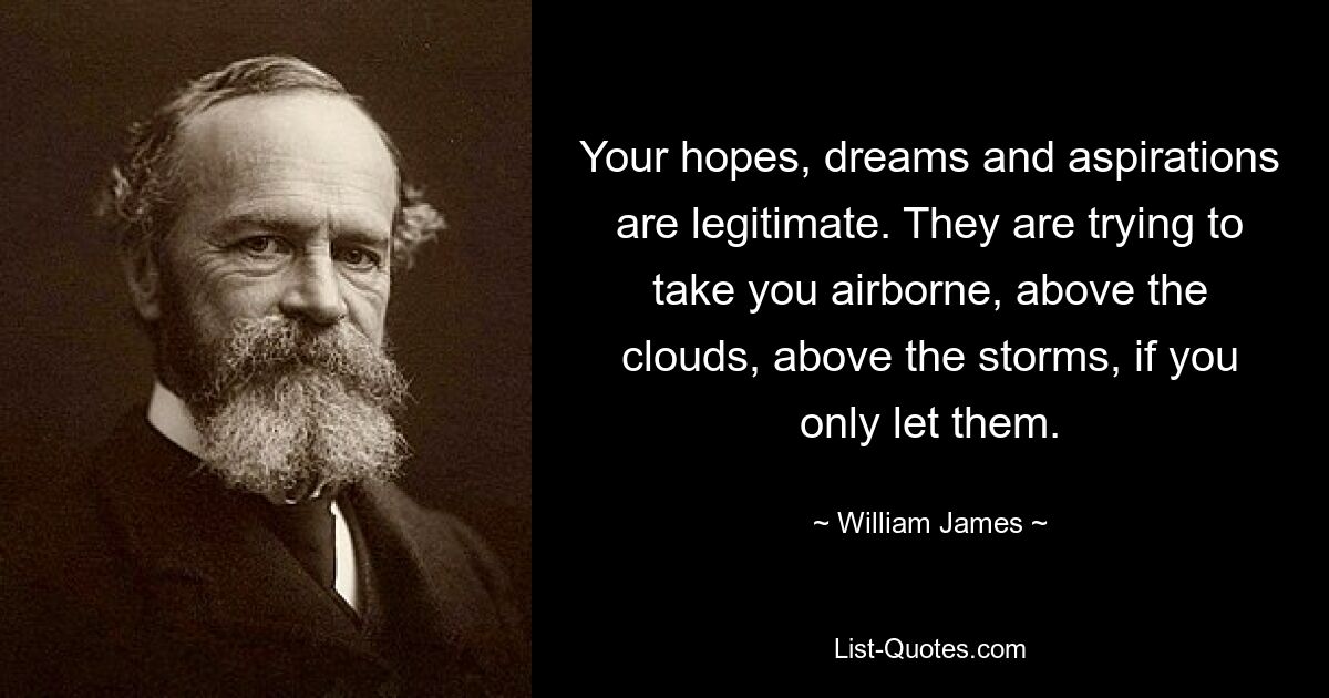 Your hopes, dreams and aspirations are legitimate. They are trying to take you airborne, above the clouds, above the storms, if you only let them. — © William James