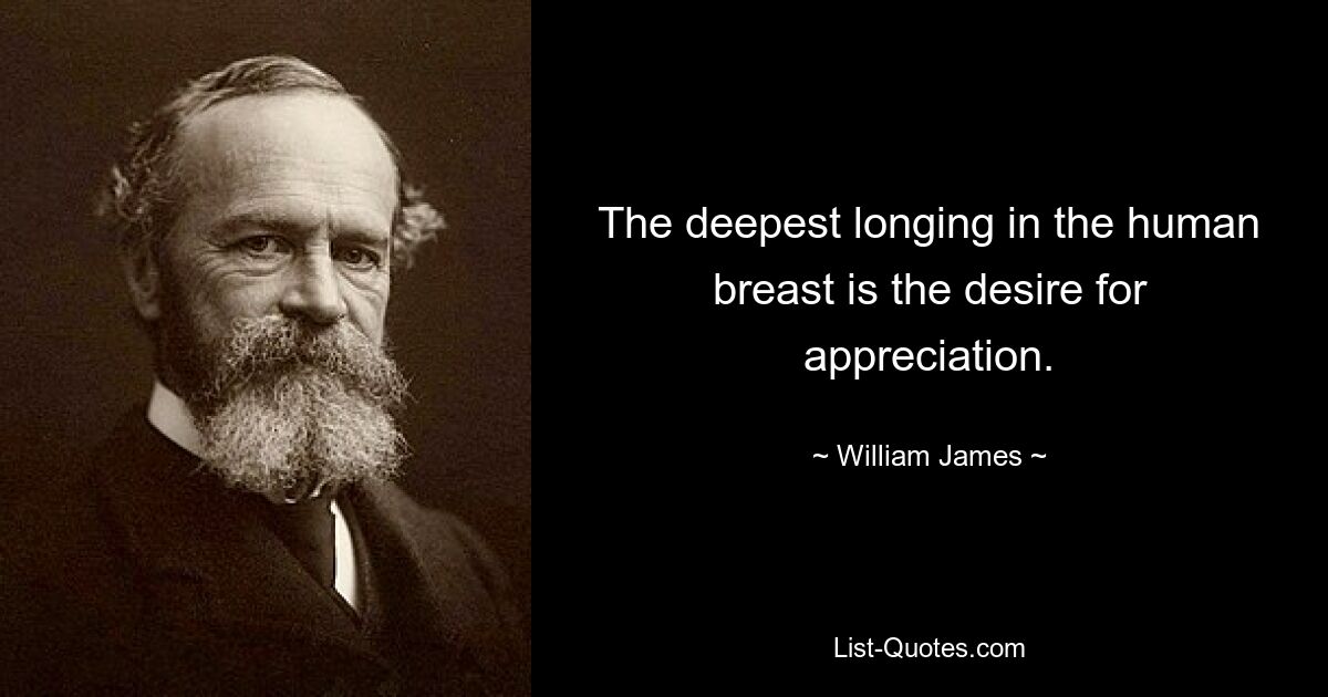 The deepest longing in the human breast is the desire for appreciation. — © William James