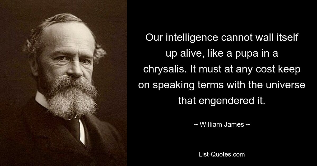 Our intelligence cannot wall itself up alive, like a pupa in a chrysalis. It must at any cost keep on speaking terms with the universe that engendered it. — © William James